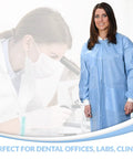 Woman wearing Extra Safe Disposable Lab Coat Knee Length In Ceil Blue 3XL With 3 Layer SMS Fabric Anti Static Coating