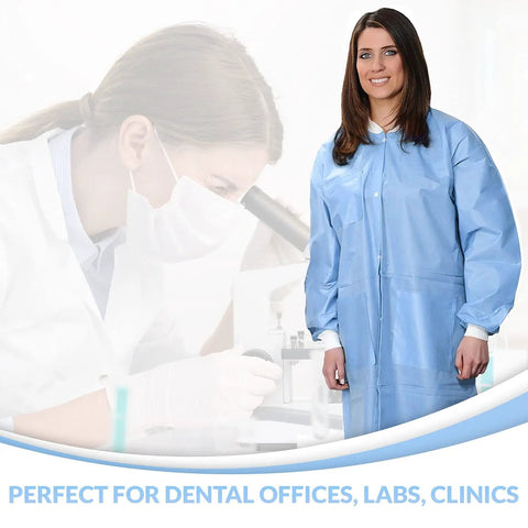 Woman wearing Extra Safe Disposable Lab Coat Knee Length In Ceil Blue 3XL With 3 Layer SMS Fabric Anti Static Coating