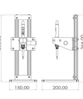 Technical drawing of a 366mm height adjustable stand with measurement details, shown in front and side views.
