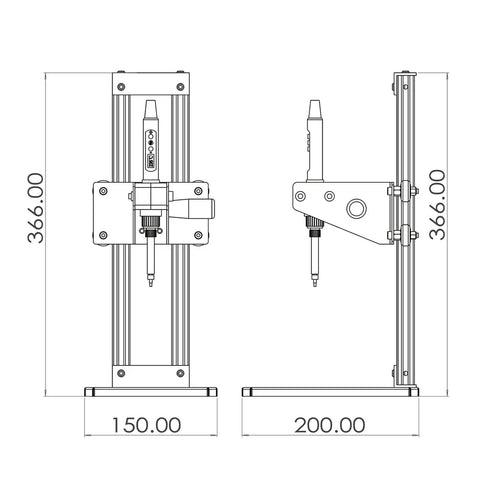 Technical drawing of a 366mm height adjustable stand with measurement details, shown in front and side views.