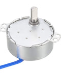 Low Speed AC Synchronous Motor 100 to 127 Volt 5 to 6 RPM 50 to 60 Hz CW CCW 4 Watt D Shaft 5 By 7 Mm 40 Cm Wire Tiny But Mighty Great For Heaters Fans Christmas Trees Air Conditioners Massagers Craft Displays silver motor with blue wire