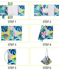 Folding guide for Beach Lounge Chair Towel Cover with side pockets, palm leaves pattern, showing microfiber and terry cloth.