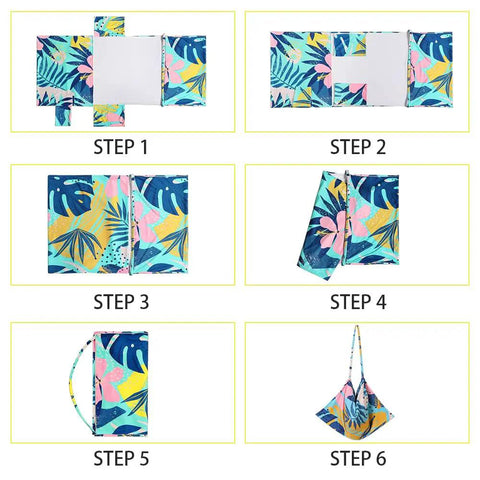 Folding guide for Beach Lounge Chair Towel Cover with side pockets, palm leaves pattern, showing microfiber and terry cloth.