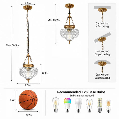 Straight Up Vintage Vibes Handblown Textured Glass Pendant Light With Brushed Antique Brass Finish. Dimensions 9.5in wide, 66.9in max drop.