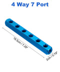 Four Way Seven Port blue aluminum air manifold, 18.5 cm x 2 cm, for inline pneumatic splitter, inline pneumatic tools use.