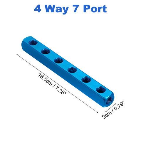 Four Way Seven Port blue aluminum air manifold, 18.5 cm x 2 cm, for inline pneumatic splitter, inline pneumatic tools use.