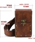 Heavy Duty Steampunk Crossbody Waist Pack Adjustable Chain Strap Gothic Fanny Sling Messenger Bag Vintage knit pouch with measurement details.