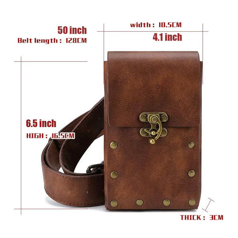 Heavy Duty Steampunk Crossbody Waist Pack Adjustable Chain Strap Gothic Fanny Sling Messenger Bag Vintage knit pouch with measurement details.