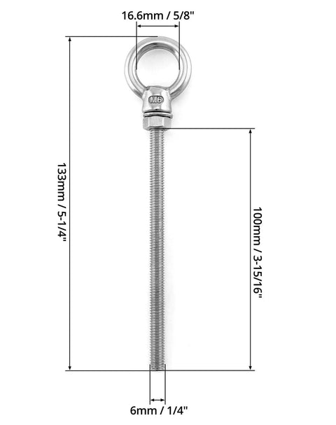 Five Pack One Quarter Inch By Four Inch Stainless Steel Marine Grade Shoulder Eyebolts For Ropes And Cables Outdoor DIY Beefy Heavy Duty Anchoring Rust Resistant And Corrosion Proof Easy To Install shown with dimensions