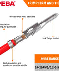 Close-up of crimped wire with visible strands and lock tangs for Ratcheting Micro-Fit 3.0 Crimping Tool Kit, 24-20 AWG, by PEBA.