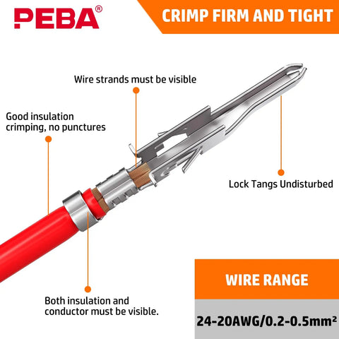 Close-up of crimped wire with visible strands and lock tangs for Ratcheting Micro-Fit 3.0 Crimping Tool Kit, 24-20 AWG, by PEBA.