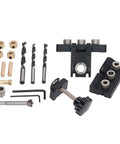 Heavy-Duty Doweling Jig Drill Kit With Adjustable Depth Locator And Three Pro Bits For Slick Woodworking Jobs, includes clamps and bits.