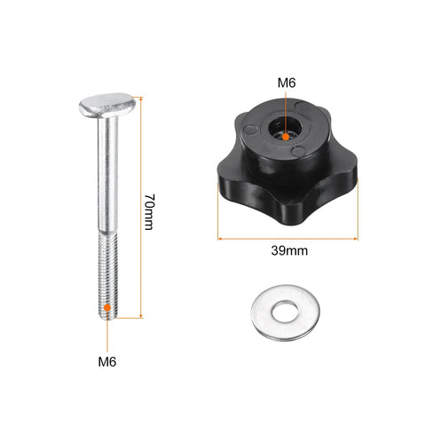 Hardcore 5 Piece T Track Bolt And Clamping Knob Set Featuring Rock Solid Stainless Steel Hardware With Fast Grip Star Knobs For No Sweat Assembly On Any Heavy Duty Woodworking Jigs And Workshop Fixtures Black Silver, showing 70mm stainless bolt and 39mm black star knob.