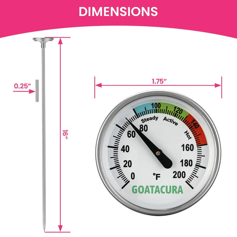 Compost Soil Thermometer With 304 Stainless Steel Case And Probe, 16 Inch Stem, 1.75 Inch Dial, 0 To 200 Fahrenheit, Three Zone Color Code Dial For Precise Composting And Garden Health For Home Gardeners; dimensions view