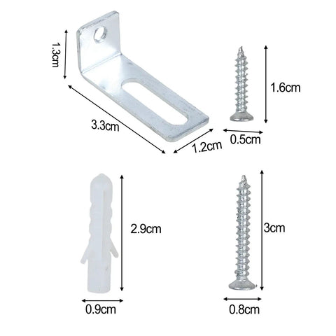 Wall Mounting Kit For Whiteboards With 20 Angle Brackets Expansion Tubes And Screws showing bracket and screw dimensions