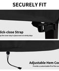 Heavy Duty Stackable Patio Chair Cover UV Resistant Waterproof Outdoor Furniture Protector Fits 4 To 6 Stackable Dining Chairs 28W X 36D X 47H Black Built To Last All Weather Shield For Long Lasting Use closeup of click-close strap and adjustable hem cord