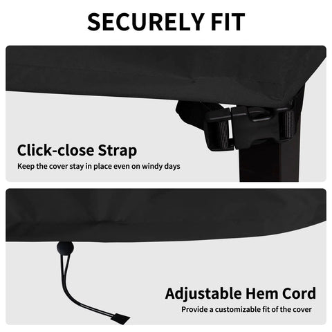 Heavy Duty Stackable Patio Chair Cover UV Resistant Waterproof Outdoor Furniture Protector Fits 4 To 6 Stackable Dining Chairs 28W X 36D X 47H Black Built To Last All Weather Shield For Long Lasting Use closeup of click-close strap and adjustable hem cord