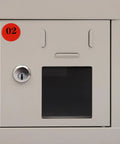 Heavy Duty Steel Cell Phone Locker With Integrated Charging Station And Secure Keys Built Like A Tank, close-up of compartment 02 with keyhole.