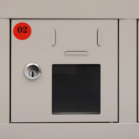 Heavy Duty Steel Cell Phone Locker With Integrated Charging Station And Secure Keys Built Like A Tank, close-up of compartment 02 with keyhole.