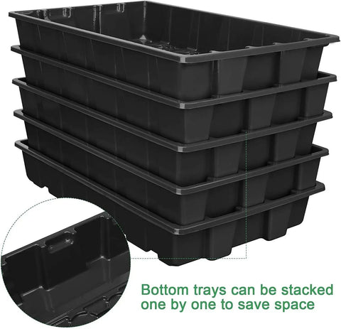 Black stackable base trays from Seed Starter Tray Kit 5 Pack Propagator For Seed Starting With Humidity Vented Domes And Base 40 Cells