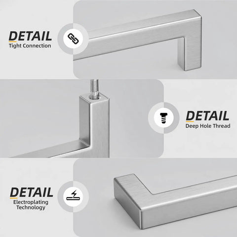 Top Shelf Slick Brushed Nickel Cabinet Pulls And Drawer Handles, close-up of solid stainless steel detail, tight connection, deep hole thread.
