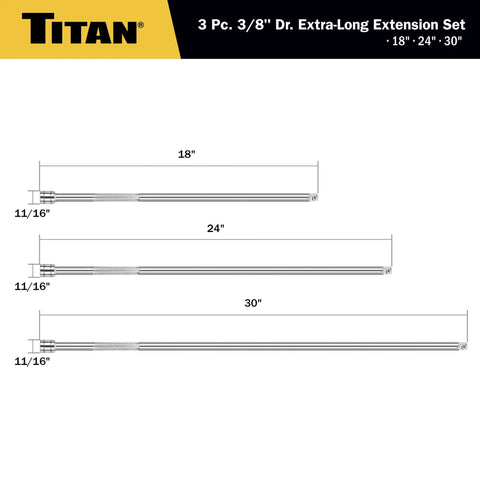 Three Eighth Inch Drive Extra Long Extension Set with 18 Inch, 24 Inch, 30 Inch Extensions Chrome Plated Cr V Steel illustration