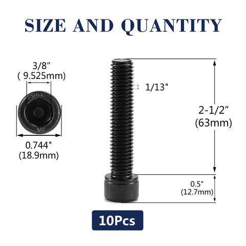 Top Notch 10 Pack 1/2 13 X 2 1/2 Socket Head Cap Screw Bolts 304 Stainless Steel dimensions 2-1/2 inch black oxide coating