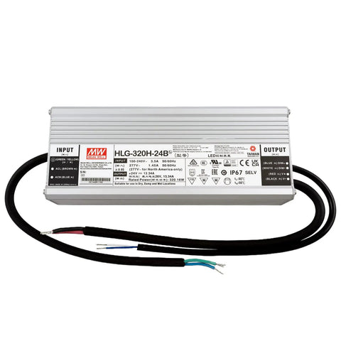 Beefy 320W 24V DC LED Driver Power Supply With Dual Mode CV And CC Output, Waterproof IP67, visible connectors shown.