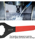 Premium High Carbon Steel Clamping Nut Wrench For ER32 Collet Chuck Spanner With Comfort Grip Ergonomic Handle in CNC machine setting.
