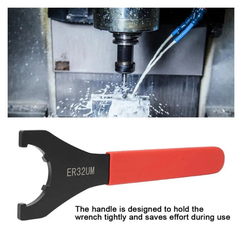 Premium High Carbon Steel Clamping Nut Wrench For ER32 Collet Chuck Spanner With Comfort Grip Ergonomic Handle in CNC machine setting.