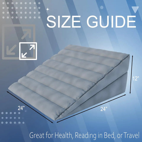 Chillax With This Awesome Adjustable Inflatable Wedge Pillow From Boyd Sleep, Featuring A Snazzy Electric Pump For Easy Air Control And Dual Chambers So You Can Recline In Total Comfort While Sleeping Or Just Hanging Out. Size guide showing dimensions 24x24x12 inches.