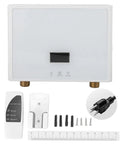 Compact Tankless Electric Water Heater With Remote Control For Instant Straight Up Hot Water At 3000 Watts with remote and installation accessories.