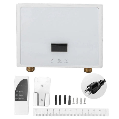 Compact Tankless Electric Water Heater With Remote Control For Instant Straight Up Hot Water At 3000 Watts with remote and installation accessories.
