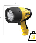 Rechargeable 1200 Lumen LED Spotlight Flashlight With 5 Modes Lithium Ion Power Pistol Grip Handle side view with dimensions