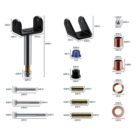 Diagram of Beefed Up Golf Cart Front End Rebuild Kit for Club Car DS 1993 and up, shows bushings, bolts, and metal hardware sizes