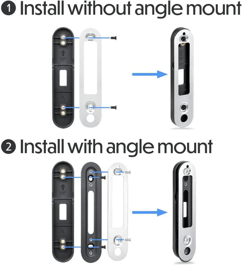Installation steps for No Drill Doorbell Mount For Google Nest Doorbell Battery With Adhesive Wall Mount, with and without angle.