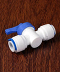 Three Eighths Inch Tube Shut Off Ball Valve With POM Quick Fitting Connector For Aquarium RO Water Filter And Reverse Osmosis System 9.52mm OD Tube Easy Install Water Line Shut Off, white blue lever