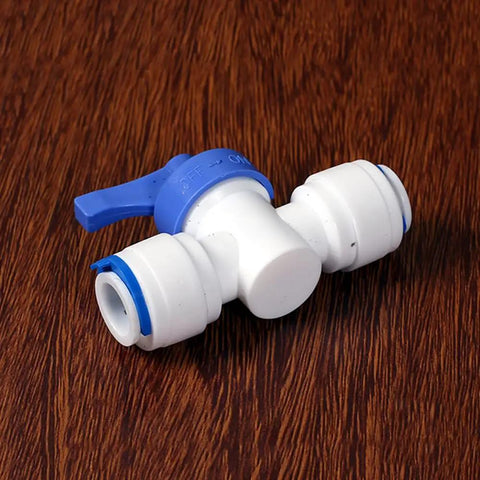 Three Eighths Inch Tube Shut Off Ball Valve With POM Quick Fitting Connector For Aquarium RO Water Filter And Reverse Osmosis System 9.52mm OD Tube Easy Install Water Line Shut Off, white blue lever
