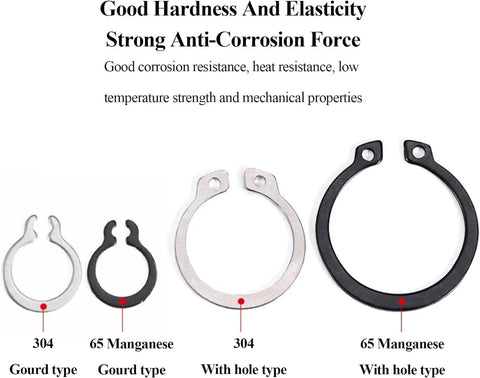 External Retaining Ring Set 20 Pcs In 58, 60, 62, 65, 68 Mm, 65Mn Spring Steel, Black Plated, diagram of gourd and hole types