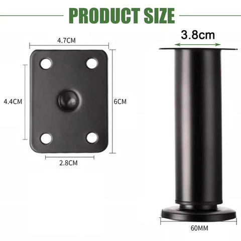 Heavy Duty Adjustable Furniture Legs Set Of Four Tall Metal Cabinet Support Stands For Beds Sofas Chairs And Tables With Quick Install Leveling Base In Matte Black Finish dimensions showing size and design details.