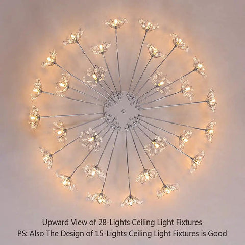 Upward view of Totally Modern 28 Light Crystal Flower Chandelier LED Ceiling Light Dimmable Flush Mount with chrome finish