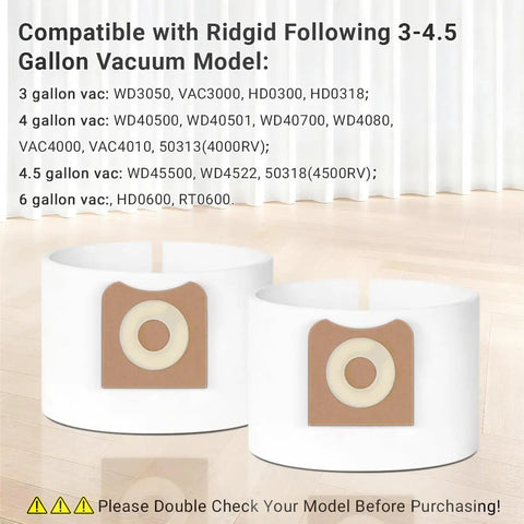 VF3501 Dust Bags Replacement For Ridgid And Workshop Vacuums 3 To 4.5 Gallon Size Filter Bags with compatibility chart