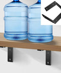 Legit Heavy Duty L Shape Shelf Brackets holding two water jugs on a wooden shelf with matte black steel supports.