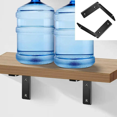 Legit Heavy Duty L Shape Shelf Brackets holding two water jugs on a wooden shelf with matte black steel supports.