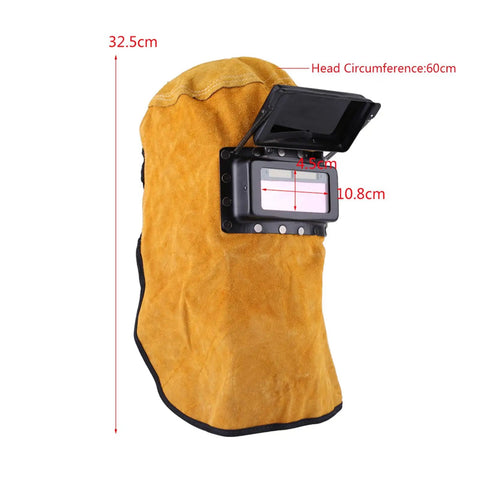 Cowhide Leather Welding Hood With Auto Darkening Lens Pancake Style Welding Helmet Mask For Arc Welding shown with dimensions