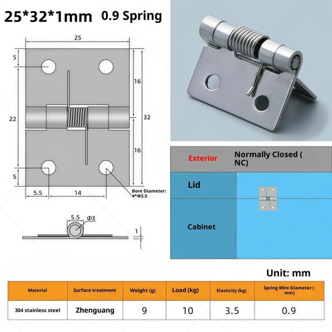 4 Pack Stainless Steel Spring Loaded Hinges for Cabinet Doors Featuring Rock Solid Auto Close Mechanism with Included Screws Rustproof Finish Heavy Duty Drop In Replacement Smooth Action Reliable Performance Pro Grade Hardware with detailed dimensions.