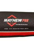 Brass Pin Punch Set, 12 Piece, 1/16 To 1/2 Inch, Non Marring And Non Sparking, anti-slip pouch with Mayhew Pro branding.