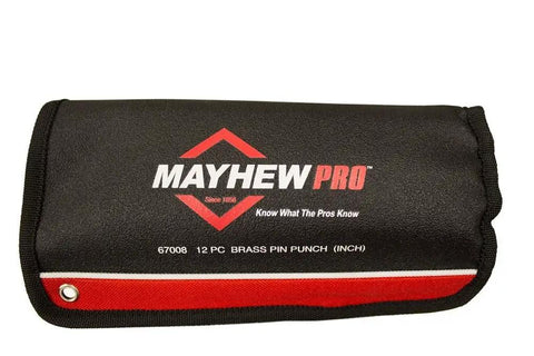 Brass Pin Punch Set, 12 Piece, 1/16 To 1/2 Inch, Non Marring And Non Sparking, anti-slip pouch with Mayhew Pro branding.
