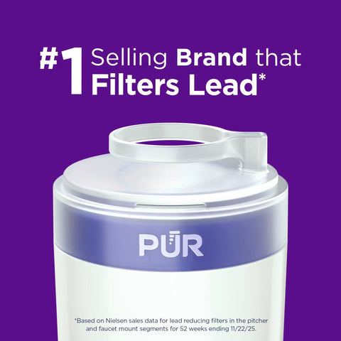 Top view of PUR Faucet Mount Replacement Water Filter Twin Pack For Lead Reduction, featuring brand logo on white filter.