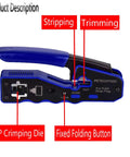 Blue Three In One RJ45 Crimp Tool Kit for pass through connectors, showing cutting, stripping, and crimping areas.